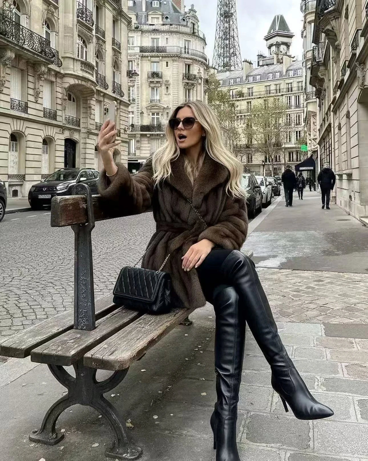 2026 Autumn Winter Women Faux Mink Fur Coat Wrap Lapel Collar Belted Mid Length Jacket Brown