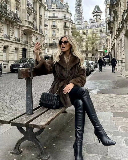 2026 Autumn Winter Women Faux Mink Fur Coat Wrap Lapel Collar Belted Mid Length Jacket Brown