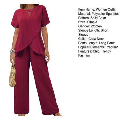 New Fashion Elegant Office Ladies Set Casual Set With Irregular Short Sleeve Blouses Loose Long Pants Two Piece Outfit Women's