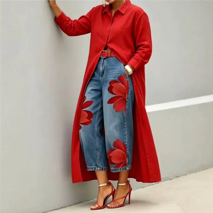 Women's Print High Waist Jeans And Shirts Dress  Loose Wide Leg Denim Pants Casual Trendy Trousers And Maxi Dress Women Clothing