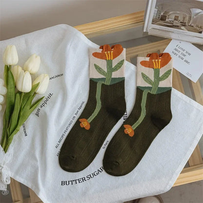 New Style Crew Socks for Women Spring Fashion Cute Flower Long Cotton Socks Japanese Style Breathable Casual Trendy Absorb Sweat