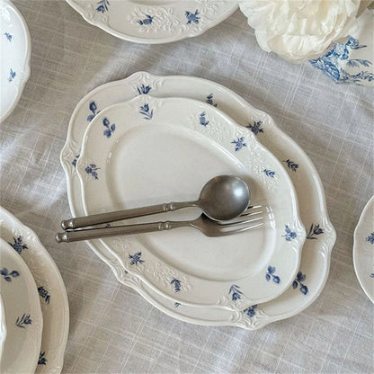 Simple Blue Printing Tableware Kitchen Supplies White Relief Tableware Western Dessert Steak Cake Dim Sum Fruit Dish Set