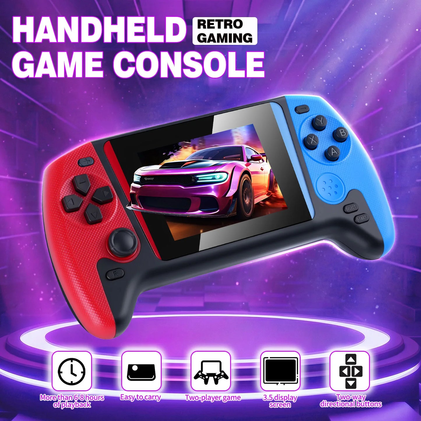 Retro Nostalgic Game Console, High-definition Picture Quality with Vivid Colors, 3.5-inch Large-screen & Ergonomic Design, Small and Portable, Red and Blue Retro Color Contrast, Essential Gift for Festivals