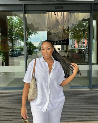 Women Casual Two Piece Pant Set Short Sleeve Turn Down Collar Shirts Top and High Waist Loose Wide Leg Pant Matching Set 2025