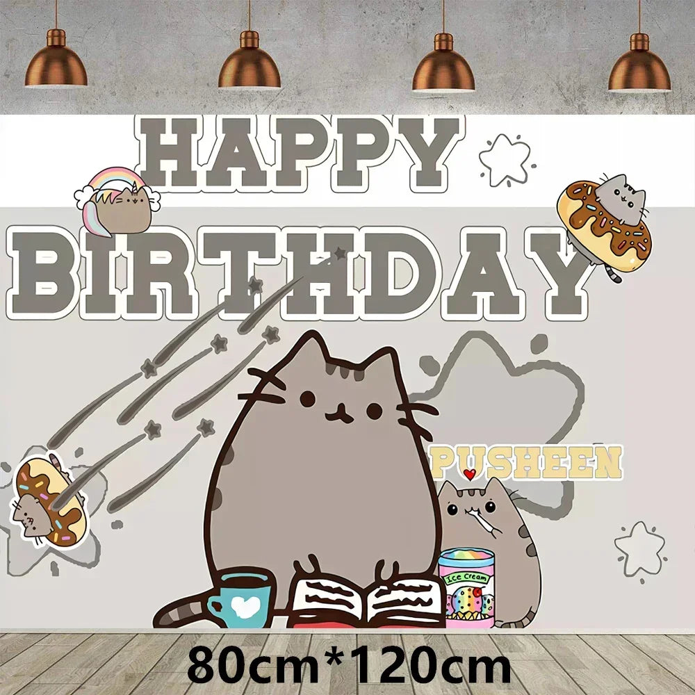 The Pusheen Cat Balloons Birthday Decoration Party Supplies Cartoon Grey Pet Fat Cat Theme Banner Backdrop Cake Topper Sticker