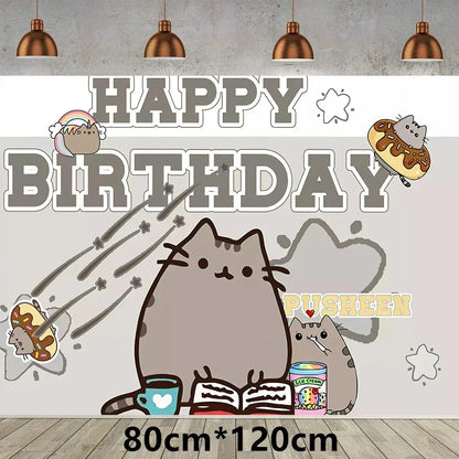 The Pusheen Cat Balloons Birthday Decoration Party Supplies Cartoon Grey Pet Fat Cat Theme Banner Backdrop Cake Topper Sticker