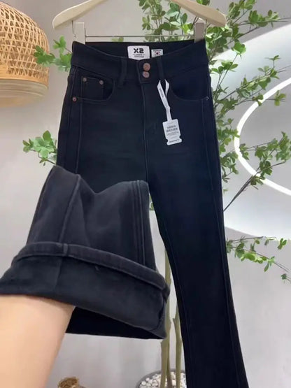 Women's High Waist Slim Fit Denim Jeans Bell Bottoms Thickened Fleece Autumn Winter Fashion Retro Style Elastic Cotton Jeans