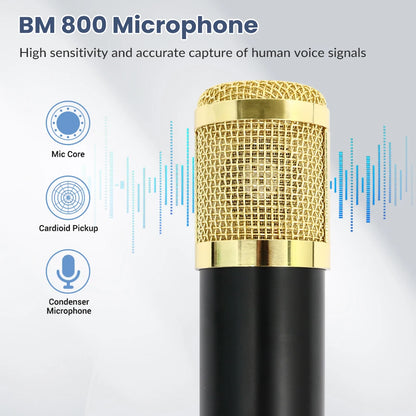 Podcast Microphone Equipment Bundle BM-800 Condenser Microphone (with Voice Changer and V8 Sound Card) Professional Recording Studio Kit for Laptops, Streaming, Podcasting, Singing, Voice-overs, Vocals, Home Studios