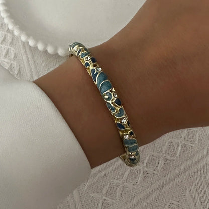 Elegant Enamel Dropped Glaze Flower Texture Bracelet For Women Retro Gold Plated Evil Eye Floral Zircon Bangle Party Jewelry