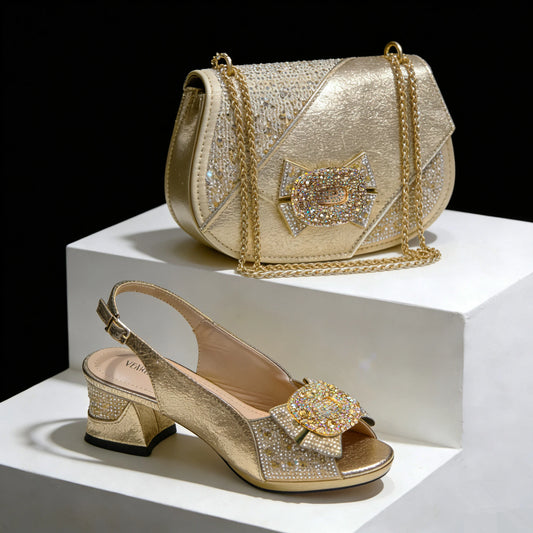 Nigeria Design Open Toe High Heels & Bag Set Gold Color blocking Hot Rhinestones Fashion Elegant Sexy High Heels