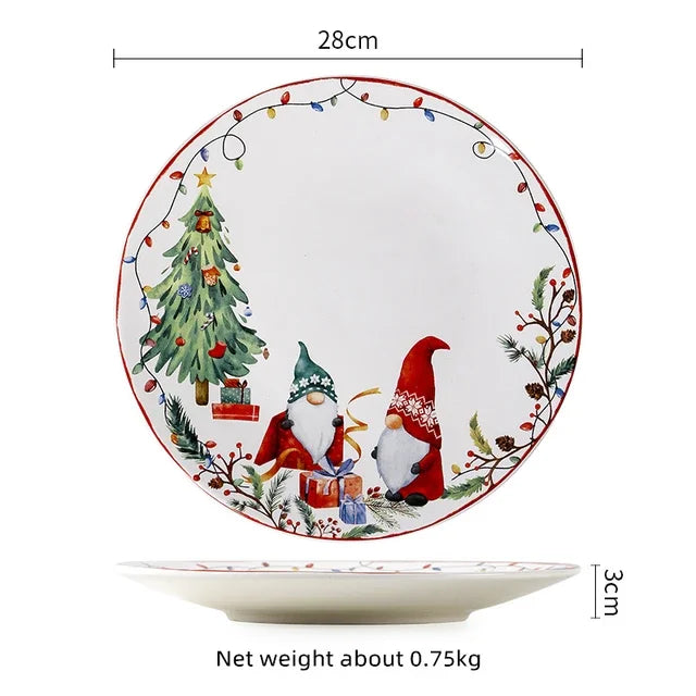 Christmas Ceramic Dinner Plate Set Household Underglaze Flat Round Dim Sum Decorative  Sushi