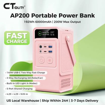 CTOLITY 200W Portable Power Station 192Wh Power Generator LED Light Emergency Solar Power Bank for Outdoor Camping Travel