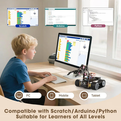 Robotics for Kids Ages 12-16 ACEBOTT 4 in 1 Smart Robot Arm with 5DOF + Tank Car STEM Toys Coding Kit for Arduino Scratch App