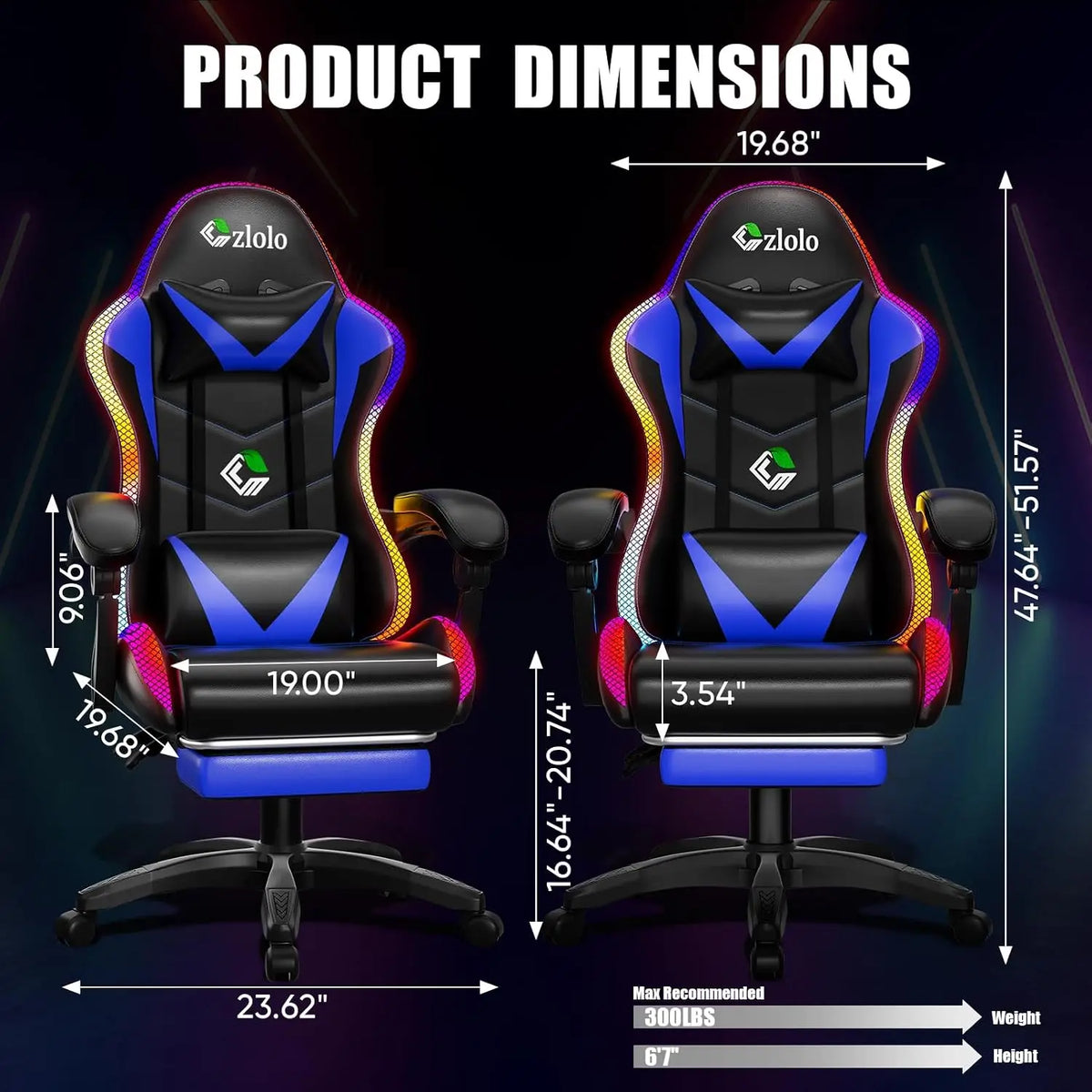Gaming Chair, Racing Style RGB LED Lights Gaming Chairs for Adults and Kids, Lumbar Massager Gamer Chair, High Back Reclining Co
