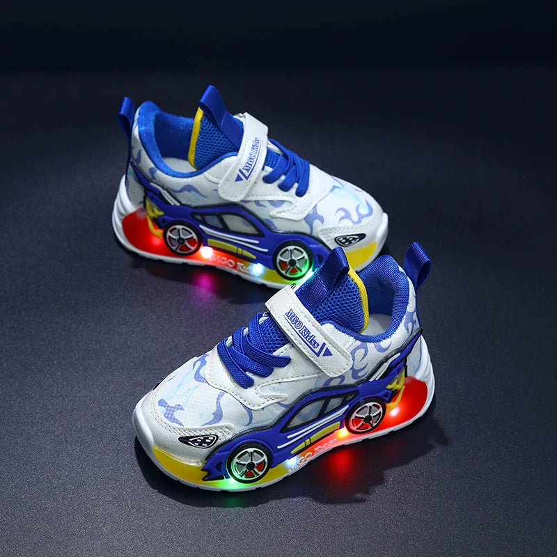 Mgo Kidss New Spring and Autumn Children's Car-Themed Boys' Sneakers, Cartoon Light-Up Shoes for Kids, Boys' Glowing Running Shoes for Ages 1-3-6, Led Light-Up Shoes, Lightweight Boys' Shoes, Light-Up Sneakers, Christmas/Hall