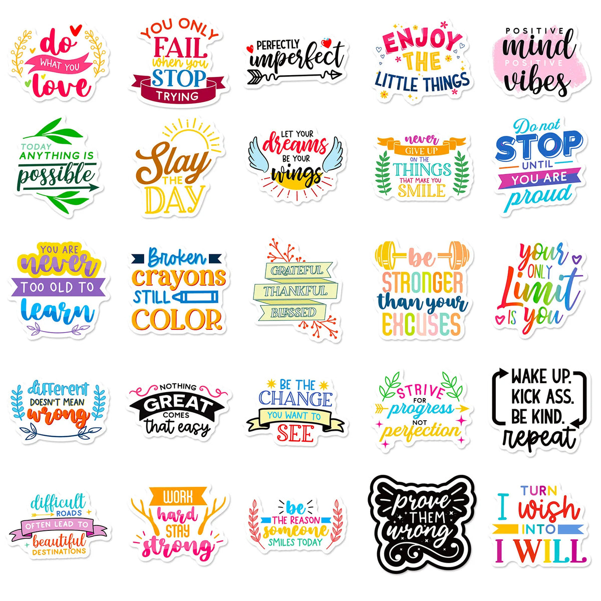 50 PCS Motivational Text Stickers English Short Sentences, Decorative Water Cup Wall Stickers