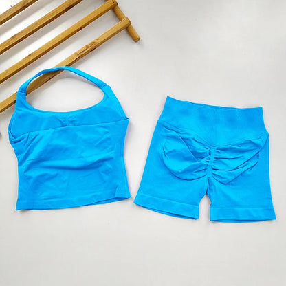 VEQKING Seamless 2pcs Women Yoga Sets Open Back Longline Sports Halter Bras Running Tank Tops Scrunch Butt Gym Workourt Shorts