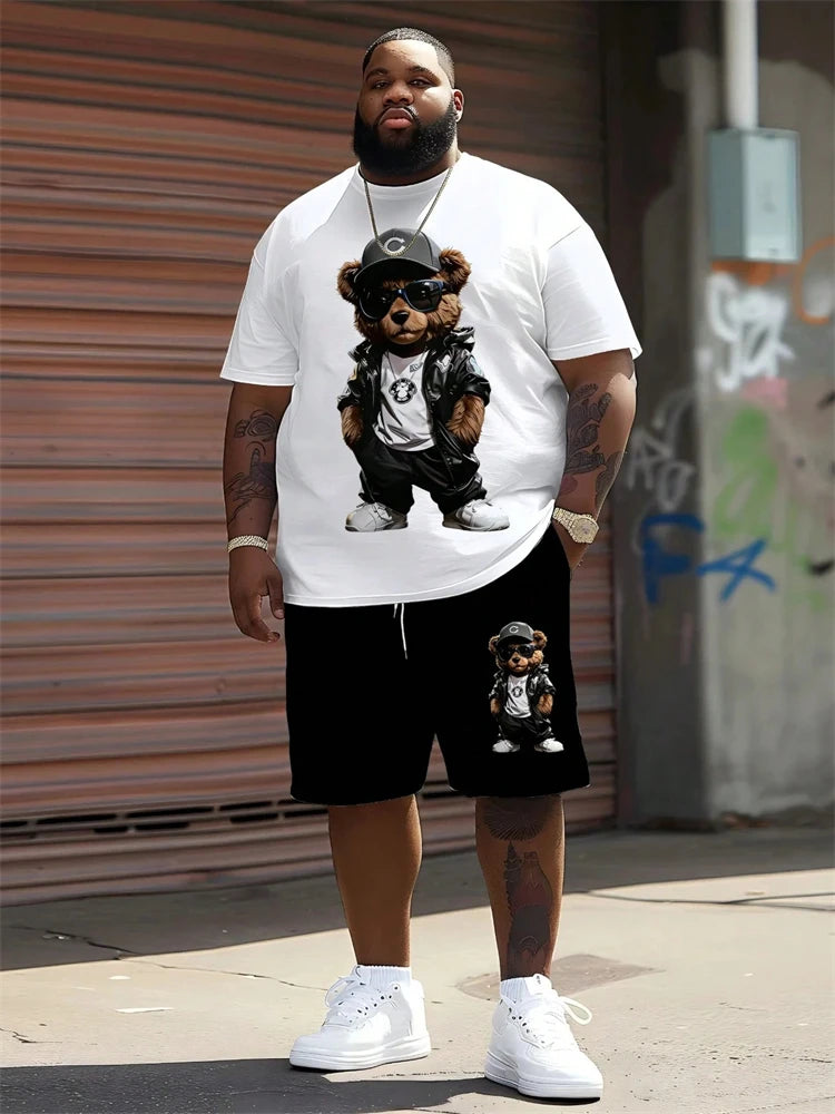 2026 Summer Men 2-Piece Set Fun Cartoon Bear Print Short-Sleeve T-Shirt and Shorts Set Sporty Style Plus Size Fashionable Outfit