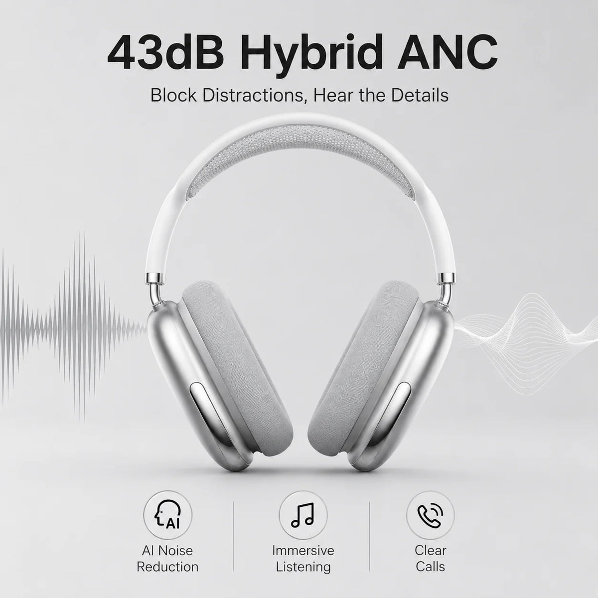ANC Bluetooth Headphones Wireless Earphones Over Ear 43dB Noise Cancelling HiFi Stereo 50H Playtime Bluetooth 5.4 AUX Cable