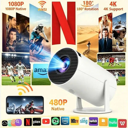 Projector - Supports 4K resolution, brightness 5000 lumens, 240 °   Full-angle projection, automatic keystone correction and autofocus, WiFi 6 and Bluetooth 5.3 wireless projection, ultra-quiet design ≤26 decibels