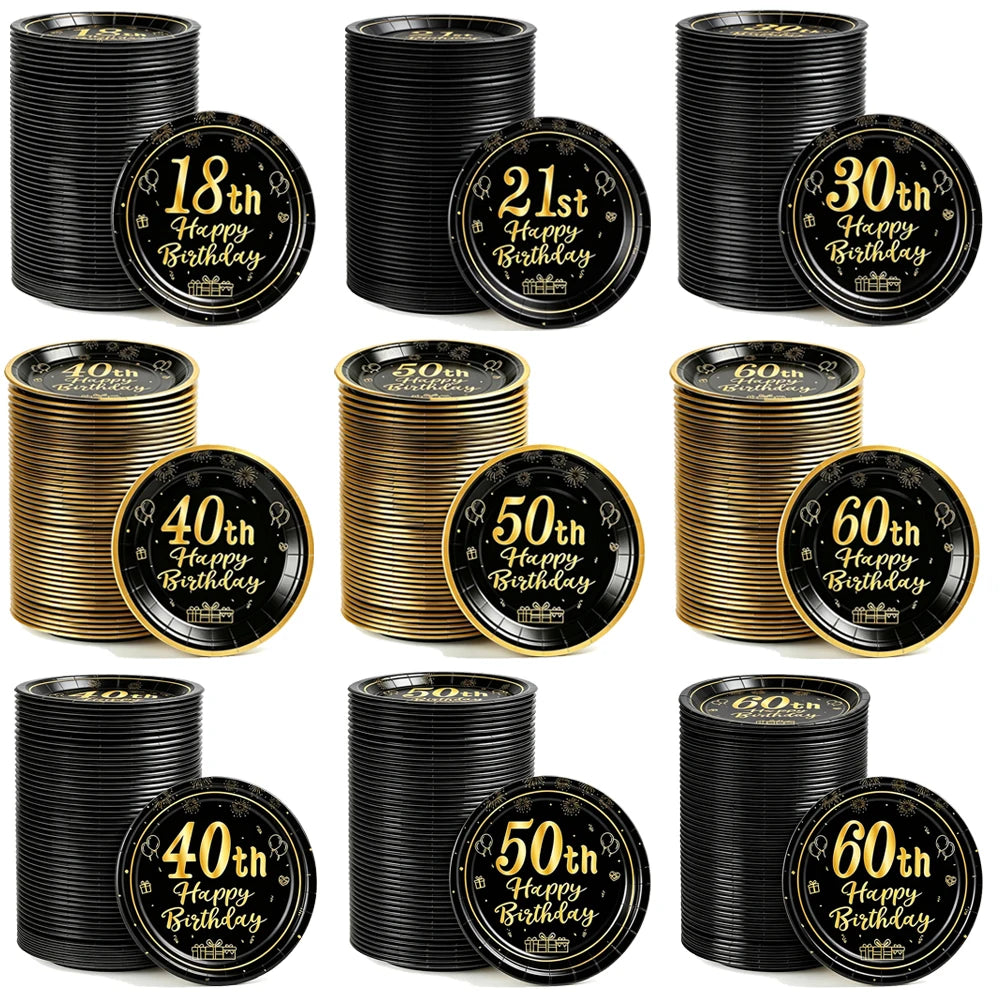 8-40pcs Men Women Adult 18th 30th 40th 50th 60th Birthday Party Decoration Supplies Black Gold Disposable 7/9inch Paper Plates
