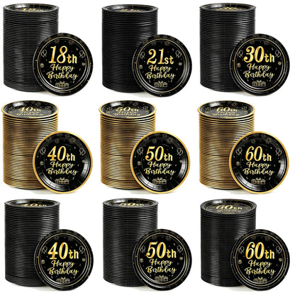 8-40pcs Men Women Adult 18th 30th 40th 50th 60th Birthday Party Decoration Supplies Black Gold Disposable 7/9inch Paper Plates
