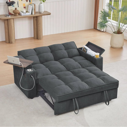 hansones 65'' 3-in-1 Folding Convertible Sofa Bed, Pullout Sofa, Modern Chenille Fabric, 360° Swivel Side Table, Easy Assembly,