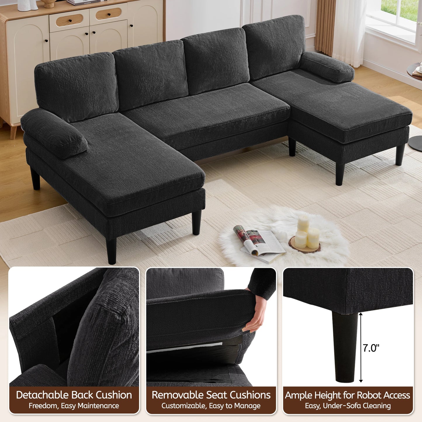 Korser U-Shaped Sectional Sofa 4 Seater Lounge Sleeper with Removable Cushions Upholstered Couches for Living Room