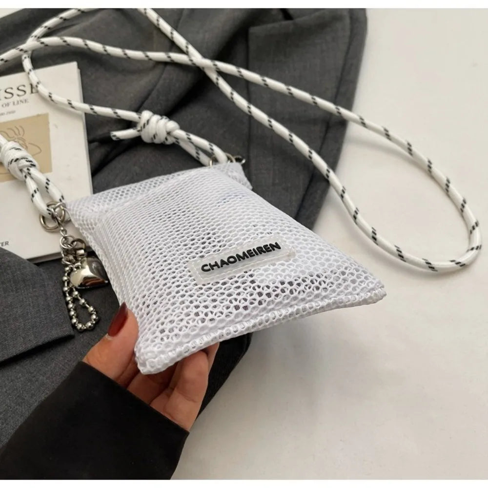 Cute Korean Nylon Mesh Wallet Teenager Hollow Shoulder Purse Bags Crossbody Solid Color Mobile Phone Bag Travel