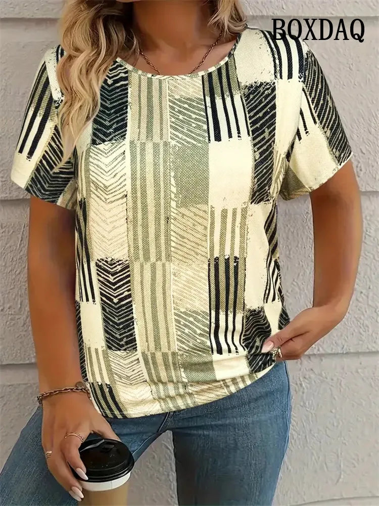 Tie Dye Striped Print T Shirt For Women 2025 Summer Clothes Fashion Round Neck Loose Short Sleeve Tee Shirt Plus Size Casual Top