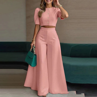 Elegant Solid Color 2 Piece Set 2026 Summer Short Sleeve Button-Down Crop Blouse Top+High Waist WideLeg Pants Set Casual Outfits