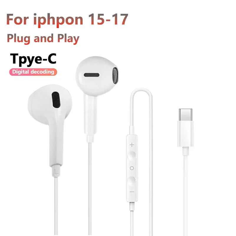 Original Wired Earphones Type C for iPhone 17 Pro Max 16 15 USB C Headphone Wire With Microphone Hifi Stereo Sprot Music Earbuds
