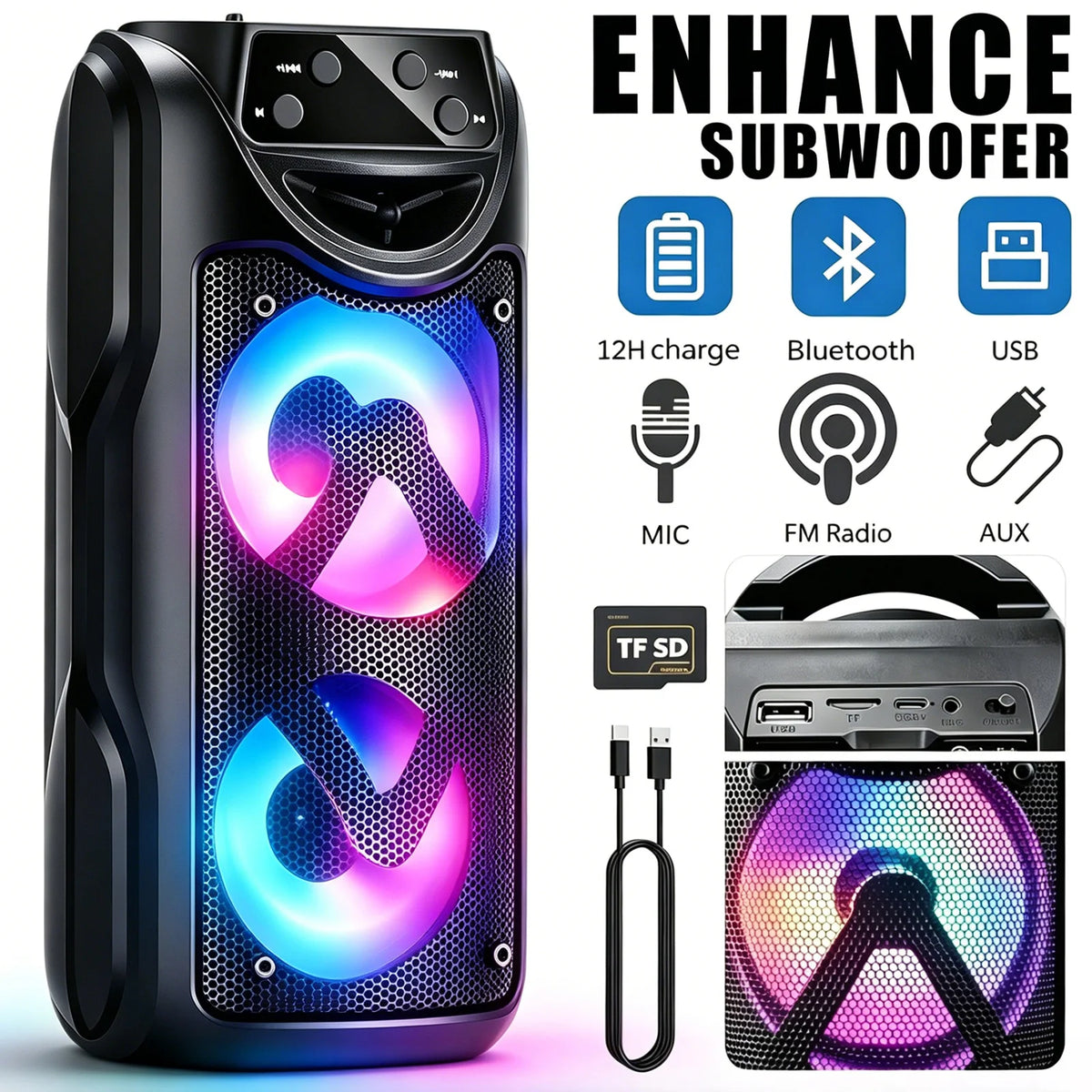 Portable Bluetooth Wireless Speaker, Dual Subwoofers for Powerful Deep Bass, TWS Stereo, Support BT/FM/USB/AUX/TF Card & Mic Input, Loud Volume Speaker for Home Party, Holiday Gathering, Ideal Christmas Gift