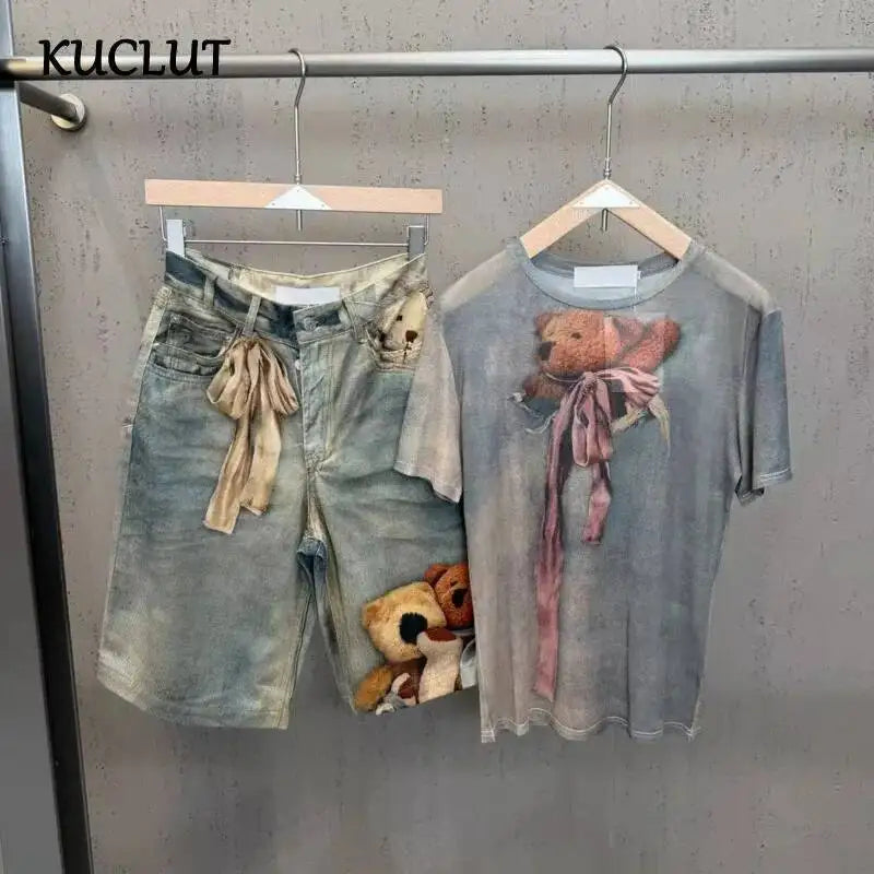KUCLUT 2026 Summer Fashion Print Contrast Color Mesh Stretch T-shirts For Women Street Style Wide-Leg Denim Short Pants 1A3003