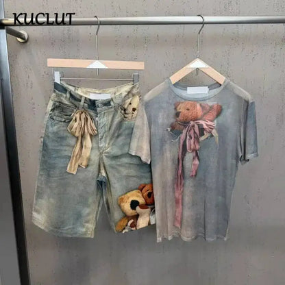 KUCLUT 2026 Summer Fashion Print Contrast Color Mesh Stretch T-shirts For Women Street Style Wide-Leg Denim Short Pants 1A3003