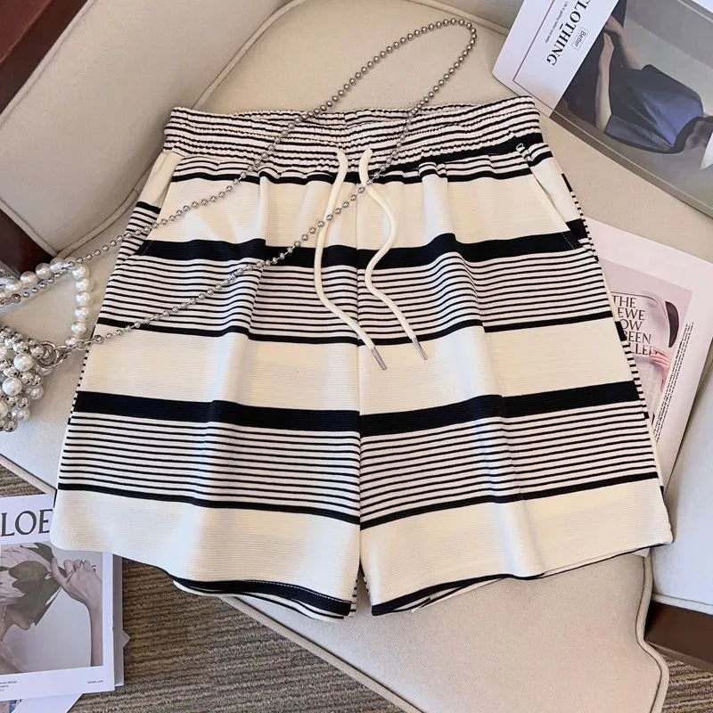 Women Plus Size Summer Regular Short Sleeve Suits Casual Strecth Cute Outfits Women Stripe O Neck Loose Two Piece Shorts Sets