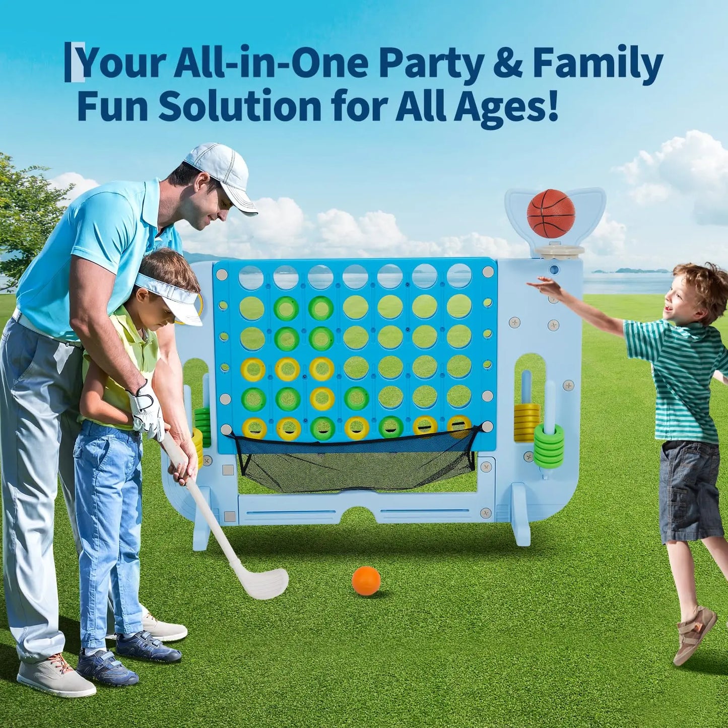 Giant 4 In A Row Game, Adjustable 4-to-Score Board With Quick Release, Basketball Golf Ring Toss, Indoor Outdoor Party Games