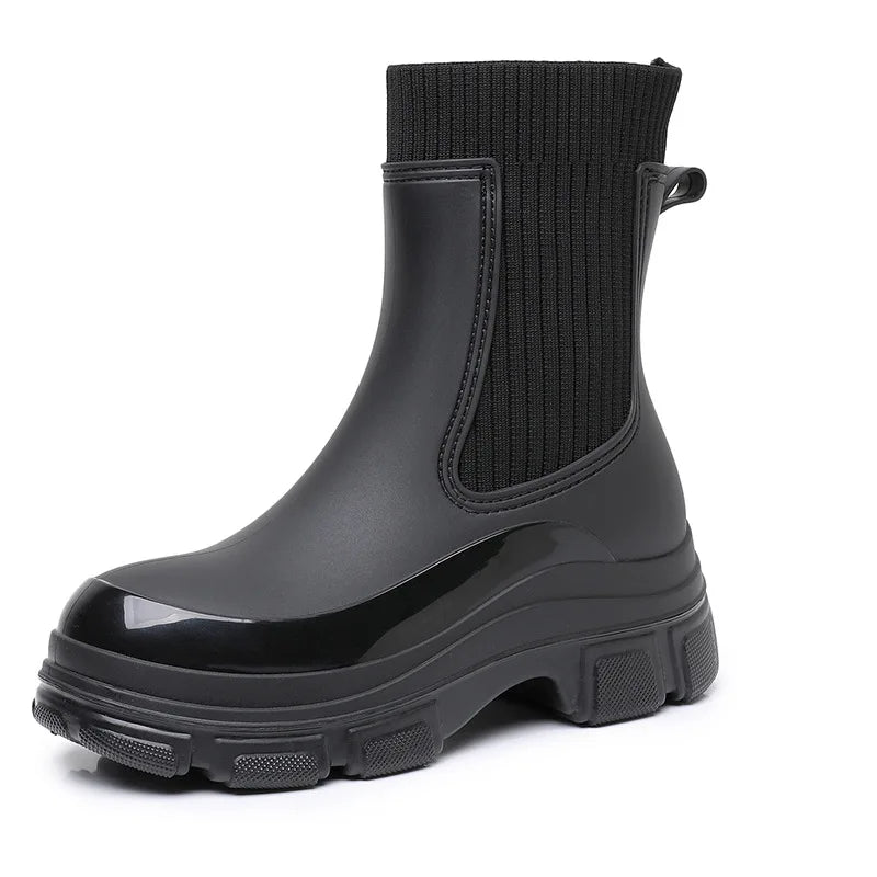 Women’s All-Season Black Durable Work Rain Boots, Waterproof Anti-Slip Platform Sole, Korean-Style Outdoor Fashion Boots