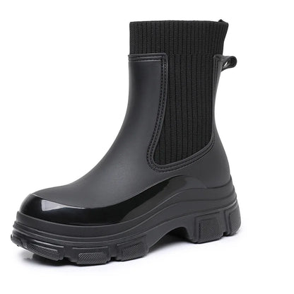 Women’s All-Season Black Durable Work Rain Boots, Waterproof Anti-Slip Platform Sole, Korean-Style Outdoor Fashion Boots