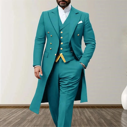 Blue Men Wedding Suits 3 Piece Long Blazer Vest Pants Satin One Button Tuxedo Formal Work Wear Prom suits XS-5XL