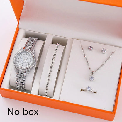 6Pcs/Set Women's Rhinestone Quartz Watch Set Fashion Wrist Watch & Jewelry Set Gift.▪
