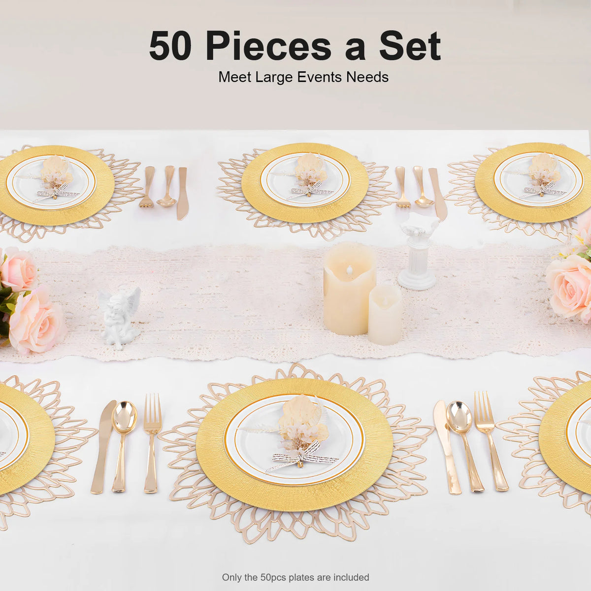 Gold Round Charger Plates Set 50Pcs PP Reusable Serving Plates For Wedding Banquet Hotel Restaurant Party Table Decor