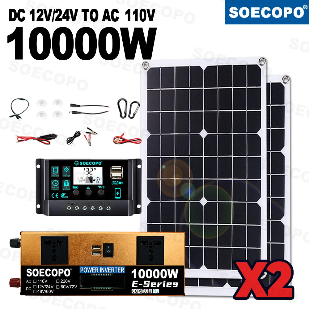 SOECOPO 10000W Complete Solar Kit 2×500W Panels, 12V/24V To 110V/220V Inverter Two Socket 100A Controller – For Home Camping