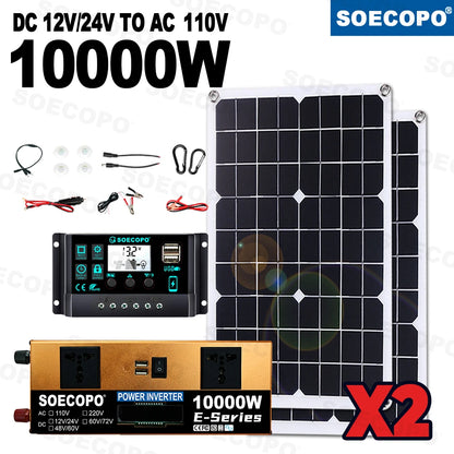 SOECOPO 10000W Complete Solar Kit 2×500W Panels, 12V/24V To 110V/220V Inverter Two Socket 100A Controller – For Home Camping