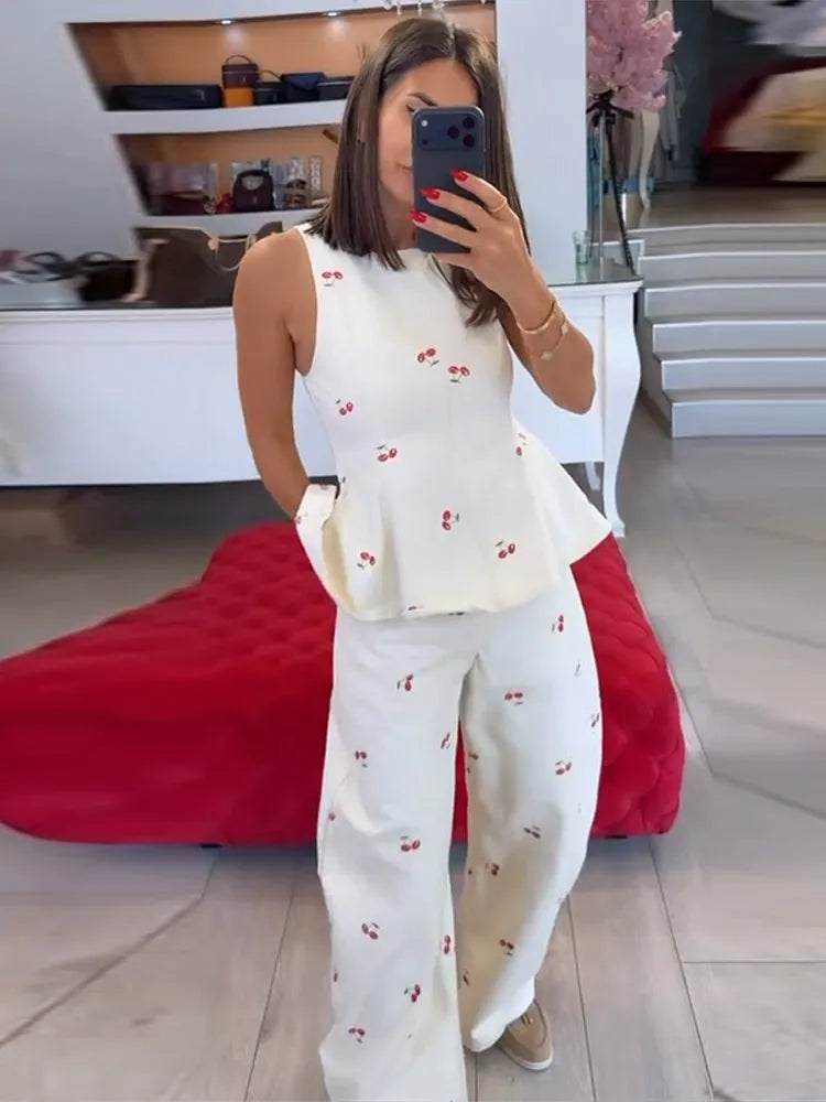 Casual Printed Women's Top Trouser Suits Sleeveless O-Neck Wide Leg Pants Lady Set 2026 Summer Vacation 2 Pieces Set Women New