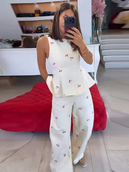 Casual Printed Women's Top Trouser Suits Sleeveless O-Neck Wide Leg Pants Lady Set 2026 Summer Vacation 2 Pieces Set Women New