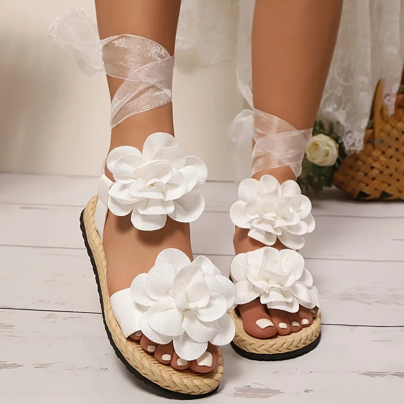 "Fairy-Style" Women's Platform Lace-Up Sandals: Adorned with Floral Accents for a Look That Is Both Cute and Elegant