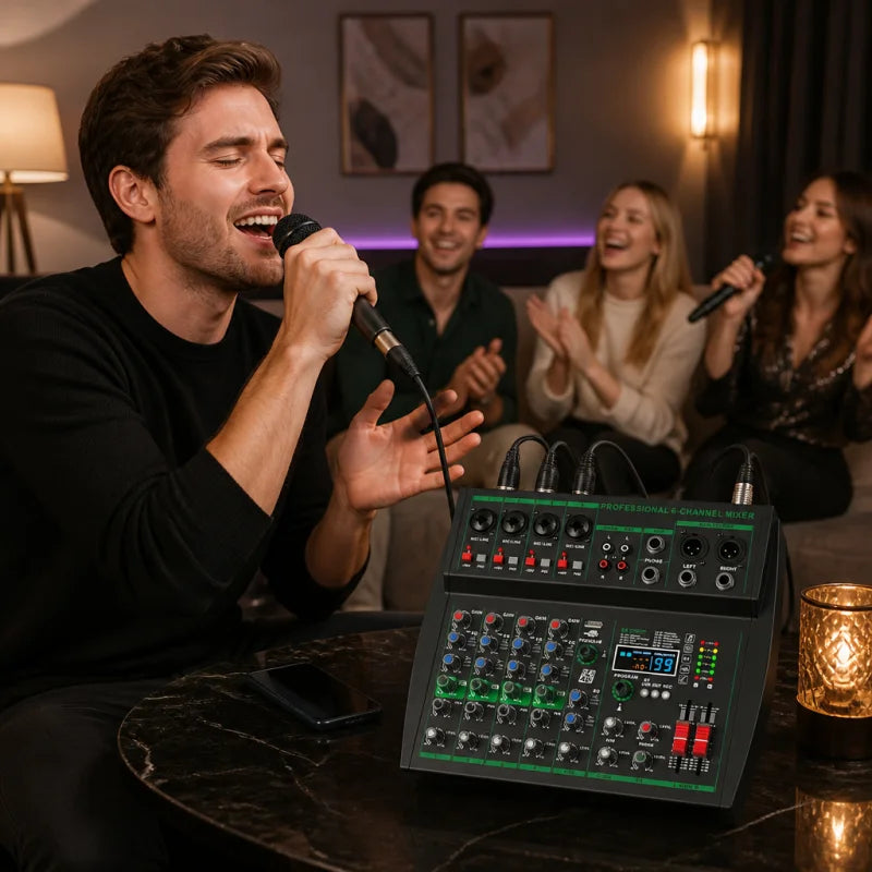 MW-6 Black 6-Channel Audio Mixer with Noise Reduction DJ Console | Bluetooth & USB Playback, Portable Controller Mixer, DSP 99 Preset Effects, Live Streaming, Podcasting, Home Party