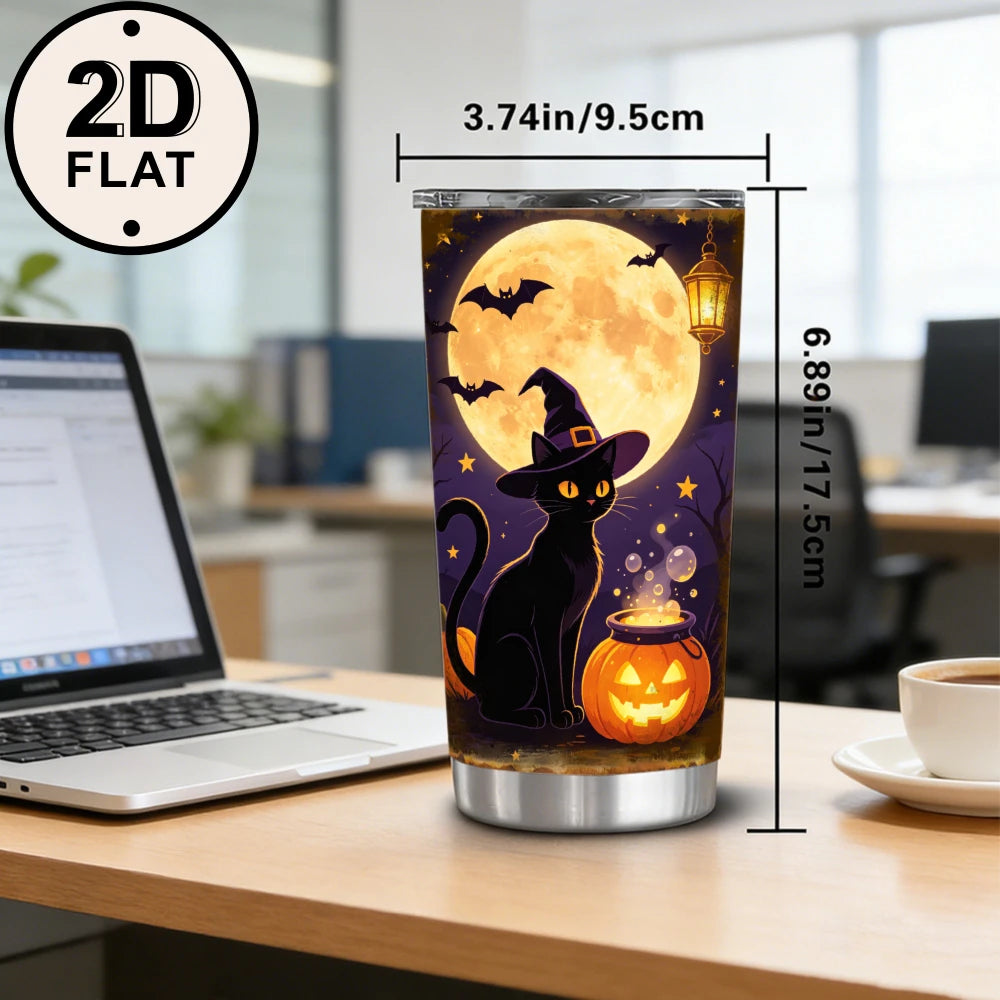 20oz Halloween Black Cat Witch Printed Stainless Steel Tumbler with Lid and Straw, Full Moon Glowing Pumpkin Cauldron Spooky Night Vacuum Insulated Travel Coffee Mug Gifts