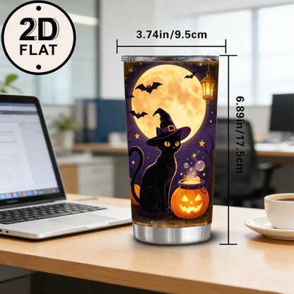 20oz Halloween Black Cat Witch Printed Stainless Steel Tumbler with Lid and Straw, Full Moon Glowing Pumpkin Cauldron Spooky Night Vacuum Insulated Travel Coffee Mug Gifts